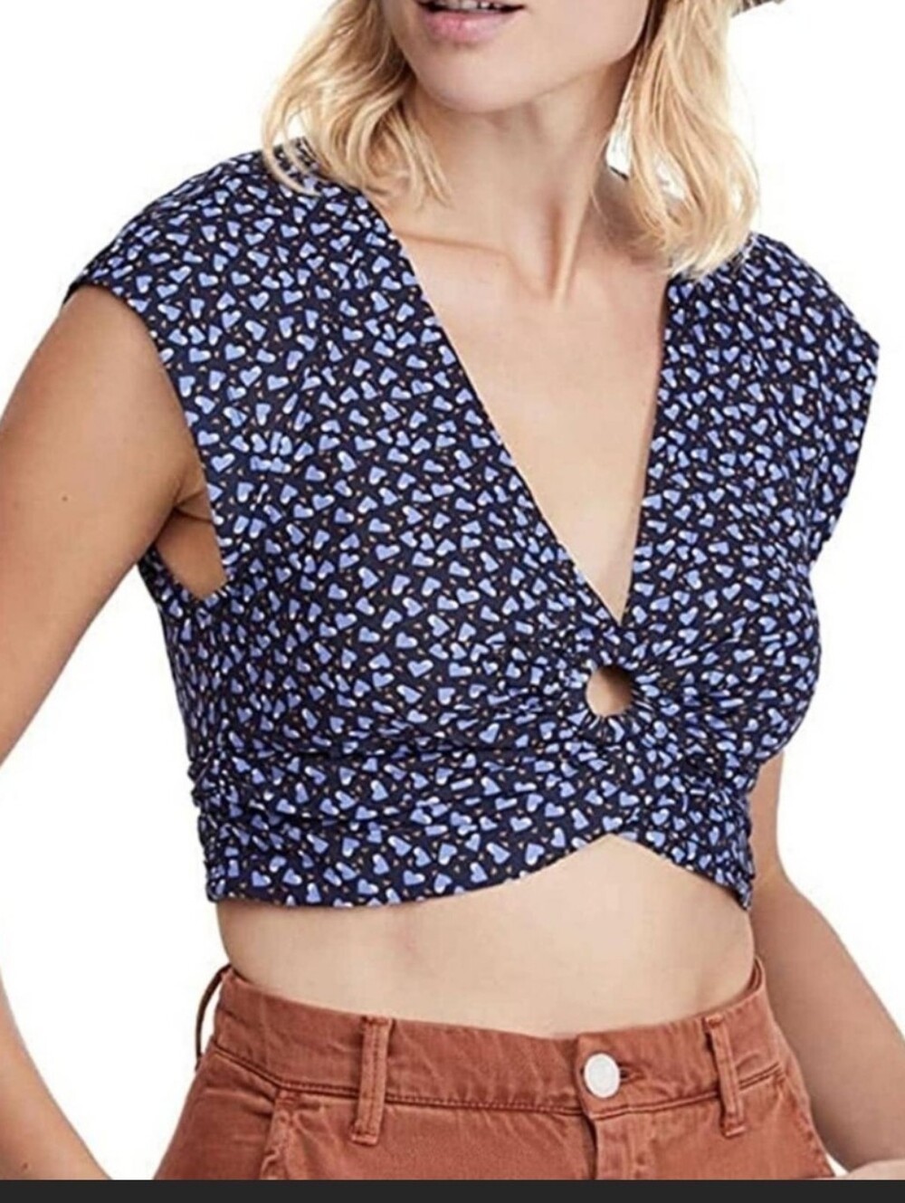 We the Free Havana Honey Blue Heart Crop Top Cut Out Low V Size M Linen/Rayon